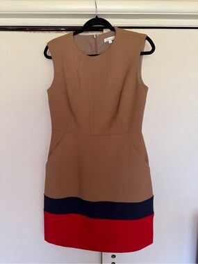 Shoshanna Camel Sheath Dress with Navy and Red Hem Bands